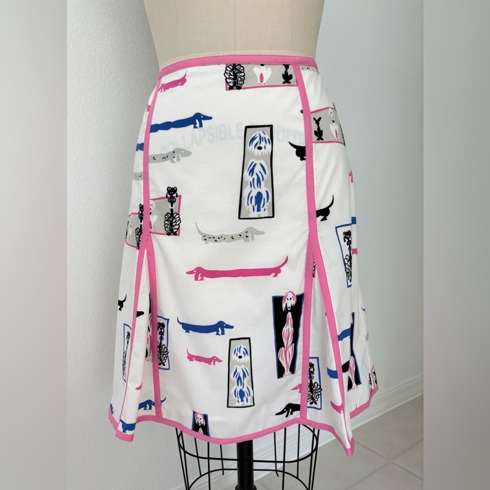itw By Claude Brown Whimsical Dog Print Skirt Cotton Pink Black A-Line 10